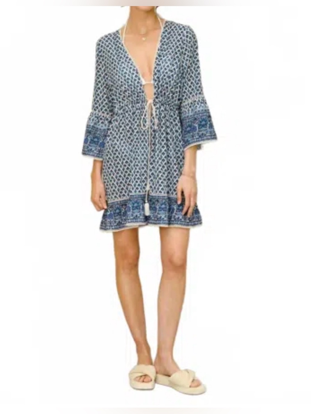 Blue Printed Tie-Waist Women’s Swim Coverup